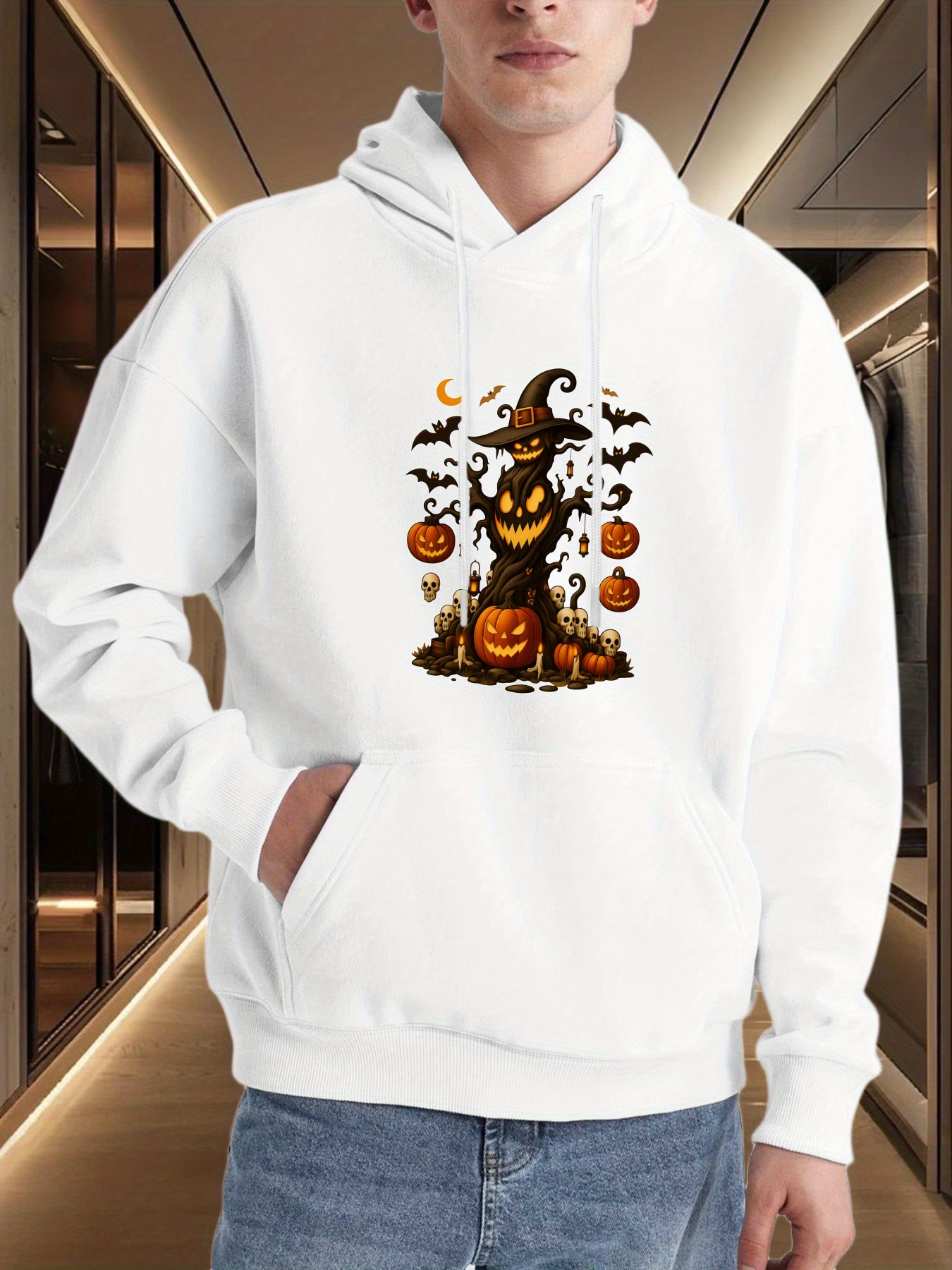 Men's Graphic Hoodie Halloween Night With Jack O Lanterns And Bats Surrounded By Glowing Pumpkins