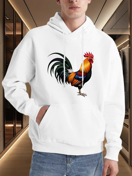 Men's Graphic Hoodie Vivid Colorful Feathers Standing Proudly In Silent Hallway Rooster