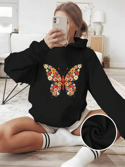 Women's Graphic Hoodie Blooming Multicolored Flowers Forming Vibrant Festive Butterfly Pattern Butterfly