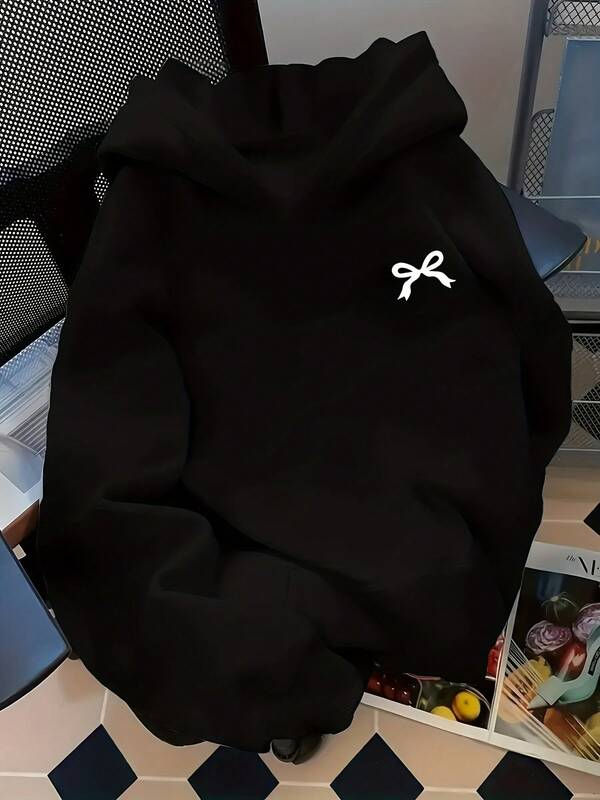 Women's Graphic Hoodie Minimalist White Ribbon Outline On Plain Black Hoodie