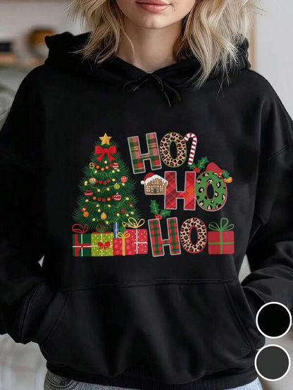 Women's Graphic Hoodie Ho Ho Ho With Christmas Tree Gifts And Candy Canes