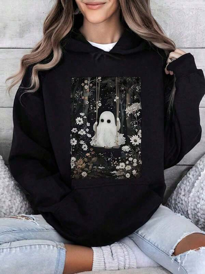 Women's Graphic Hoodie Enchanted Floral Woods With Flowers And Forest Surrounding A Lonely Ghost