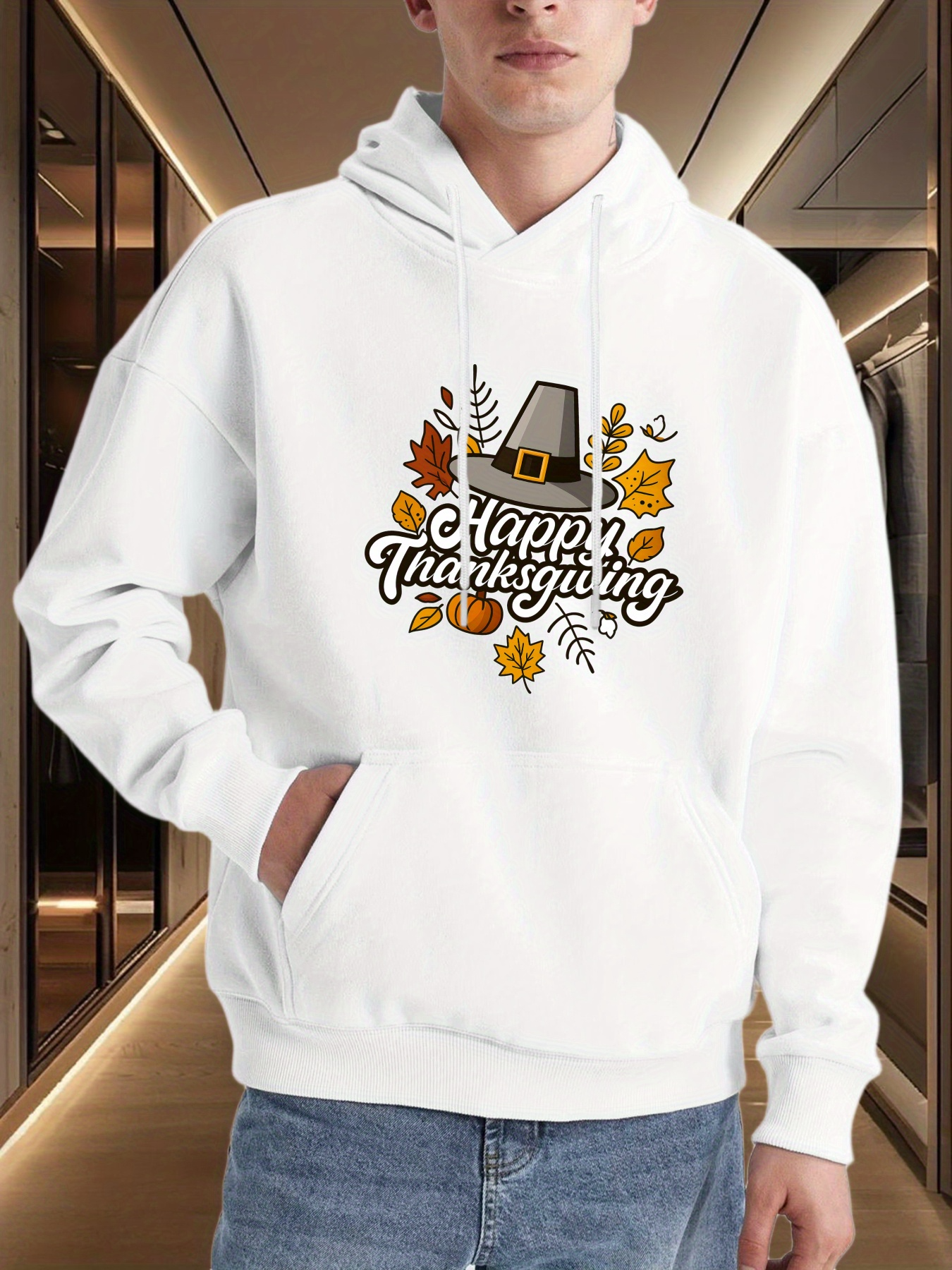 Men's Graphic Hoodie Happy Thanksgiving With Autumn Leaves Pilgrim Hat And Pumpkin