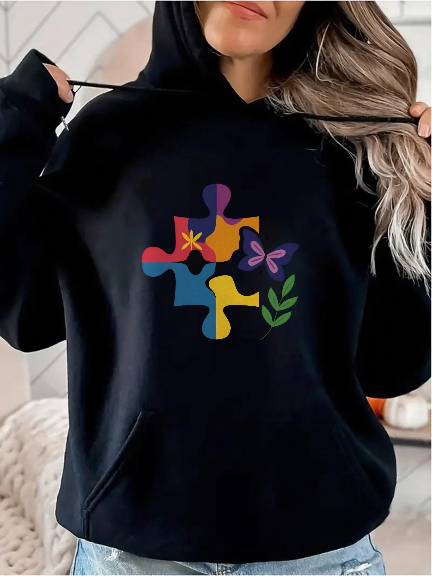 Women's Graphic Hoodie Colorful Puzzle Piece With Butterfly Star And Leaf Motifs