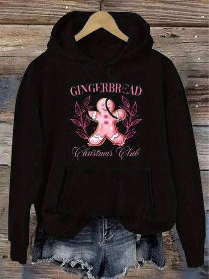 Women's Graphic Hoodie Gingerbread Surrounded By Pink Leaves Christmas Gingerbread Cookie