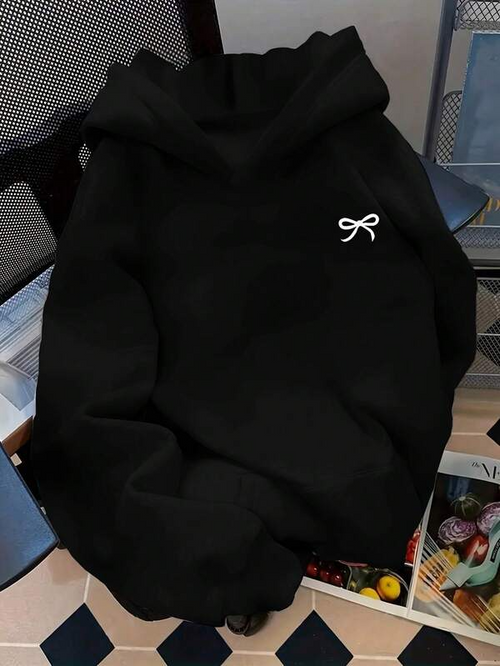 Women's Graphic Hoodie Minimal White Embroidered Bowknot On Cozy Black Hoodie