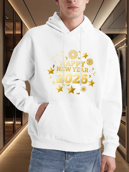 Men's Graphic Hoodie Happy New Year With Golden Stars And Sparkling Fireworks Celebration 2026