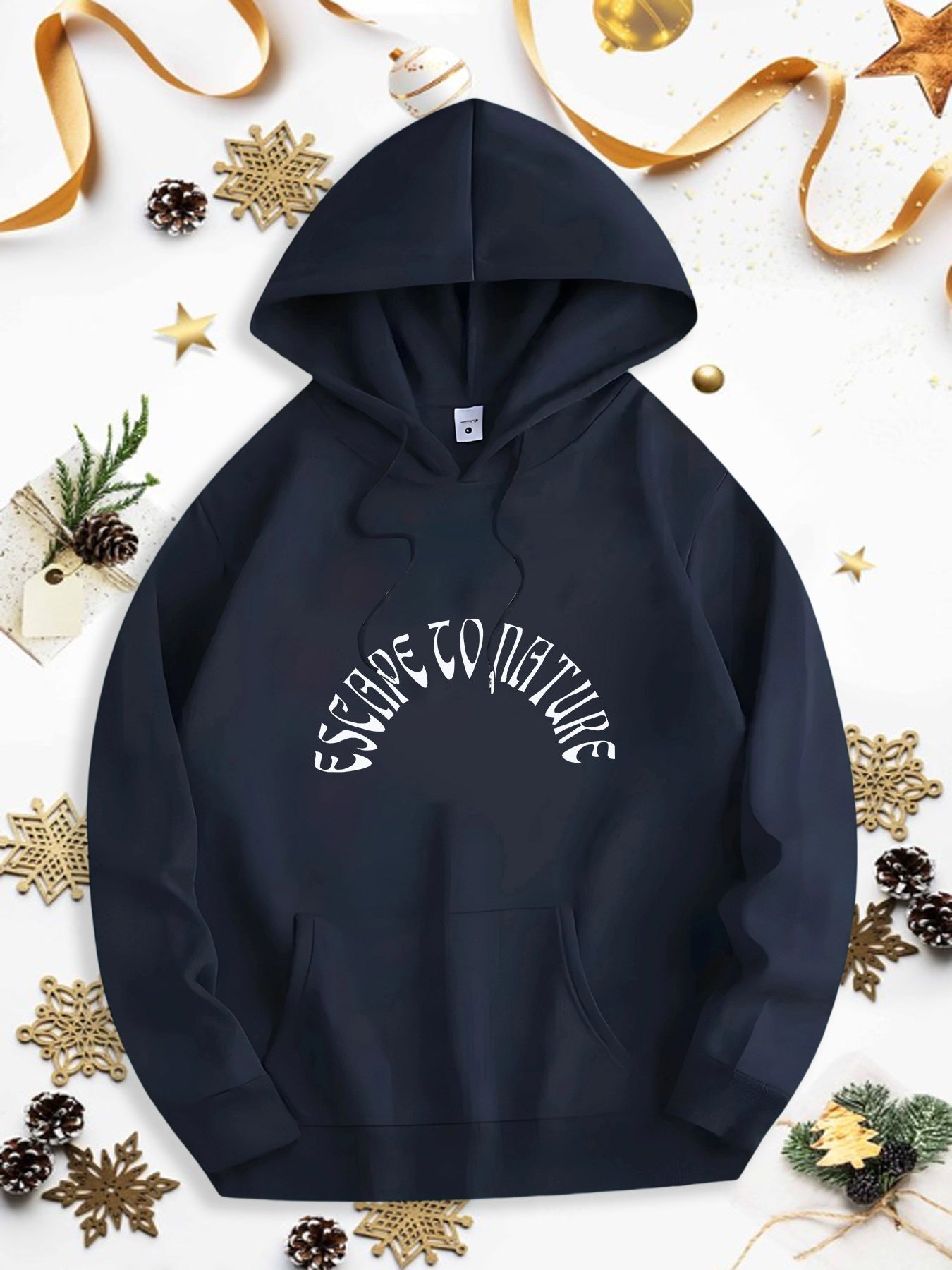 Men's Graphic Hoodie Escape To Nature Curved Artistic Letters On Cozy Black Hoodie