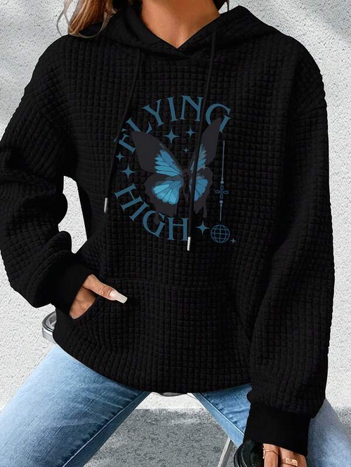 Women's Graphic Hoodie Flying High With Blue Butterfly Among Shining Stars Butterfly