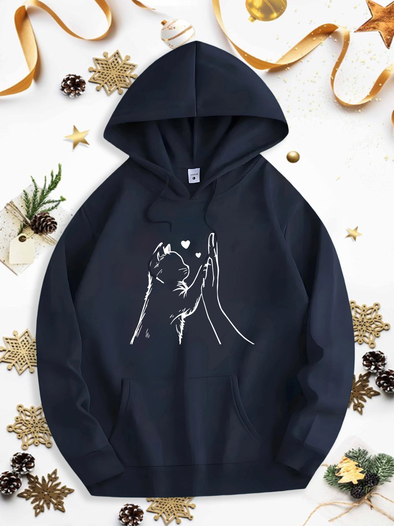 Men's Graphic Hoodie Minimalist Line Art With Hand Reaching For Cat And Three Hearts Cat
