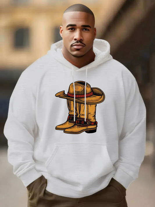 Men's Graphic Hoodie Two Cowboy Hats Resting On Classic Brown Leather Boots