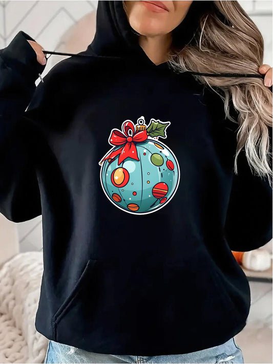 Women's Graphic Hoodie Festive Blue Holiday Ornament With Red Bow And Colorful Dots Ornament