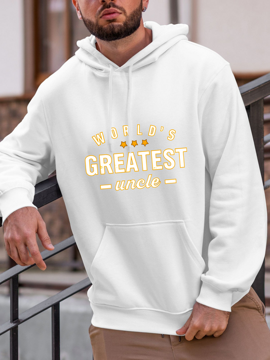 Men's Graphic Hoodie Worlds Greatest Uncle In Soft Yellow Script On White Hoodie
