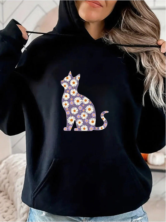 Women's Graphic Hoodie Blooming Daisy Pattern Cat Silhouette On A Peaceful Cozy Hoodie Cat