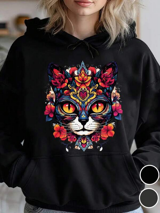 Women's Graphic Hoodie Vivid Floral Ornament Patterns Among Brilliant Eyes Cat