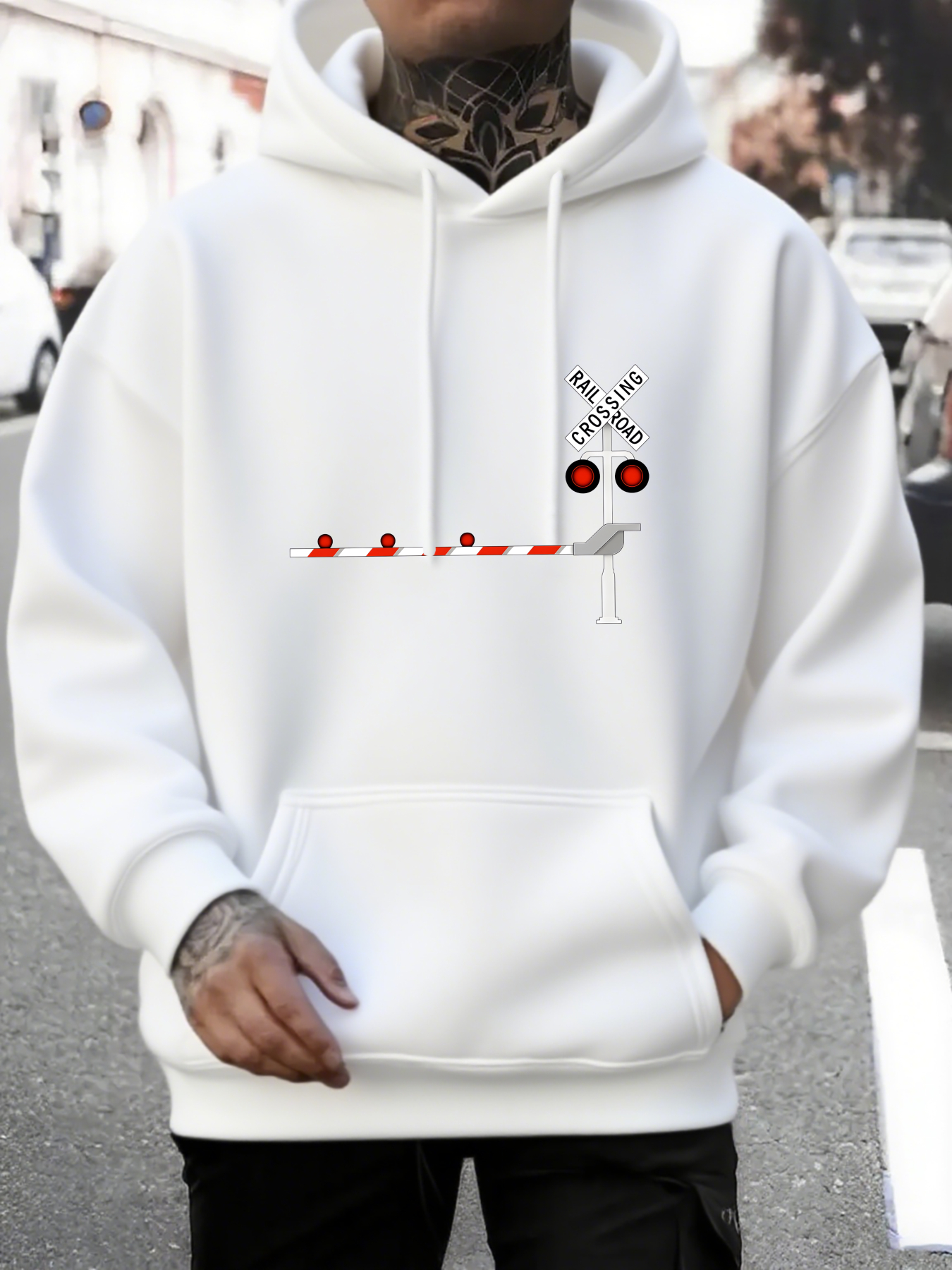 Men's Graphic Hoodie Railway Signal Crossing With Minimalist Modern Lines And Playful Bird