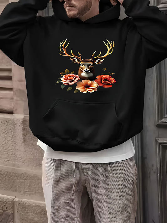 Men's Graphic Hoodie Vivid Autumn Flowers With Majestic Antlered Deer Surrounded By Roses