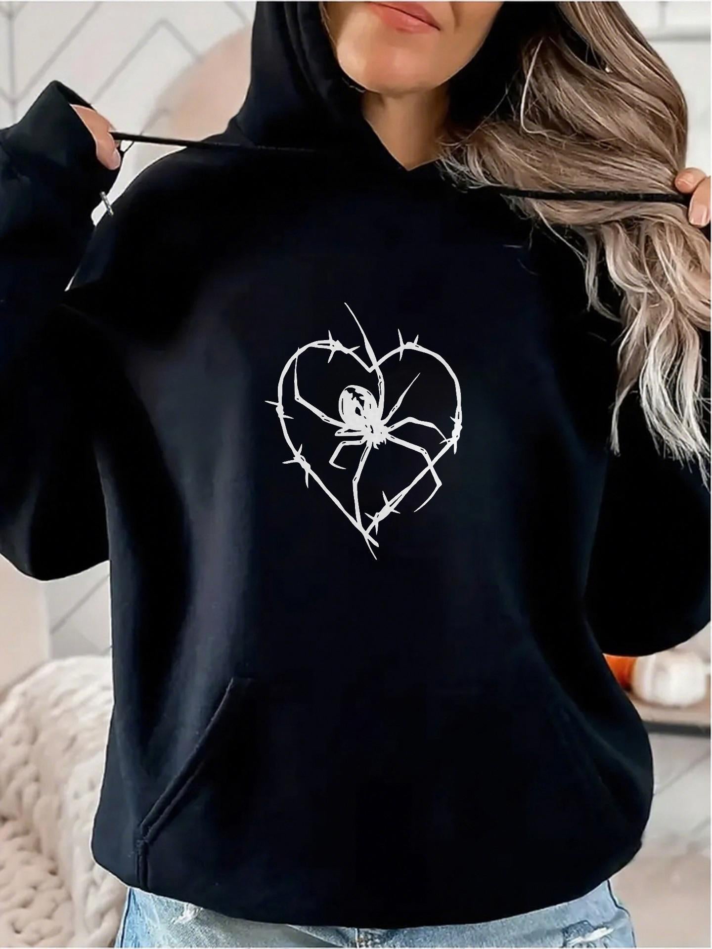 Women's Graphic Hoodie Barbed Wire Heart With Creeping Spider In The Center