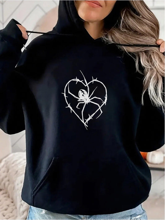 Women's Graphic Hoodie Barbed Wire Heart With Creeping Spider In The Center