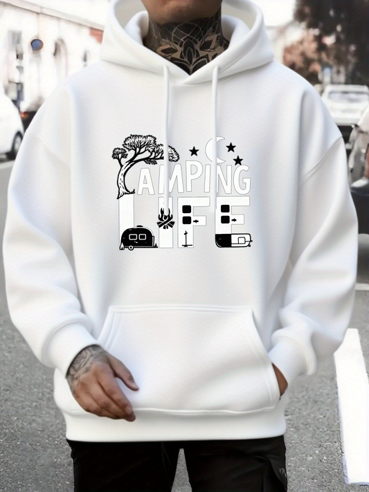 Men's Graphic Hoodie Camping With Illustrated Trees Stars And Outdoor Equipment
