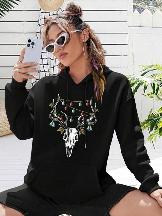 Women's Graphic Hoodie Festive Skull With Hanging Lights On Majestic Deer Antlers