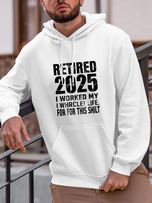 Men's Graphic Hoodie Retired 2025 Grunge Print With Bold Lettering On White Hoodie