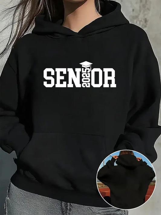 Women's Graphic Hoodie Senior 2025 Graphic With Graduation Cap On Classic Black Hoodie