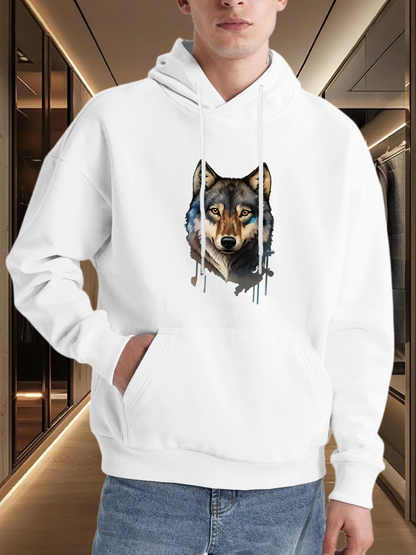 Men's Graphic Hoodie Watercolor Paint Splatter With Realistic Fierce Lone Wolf