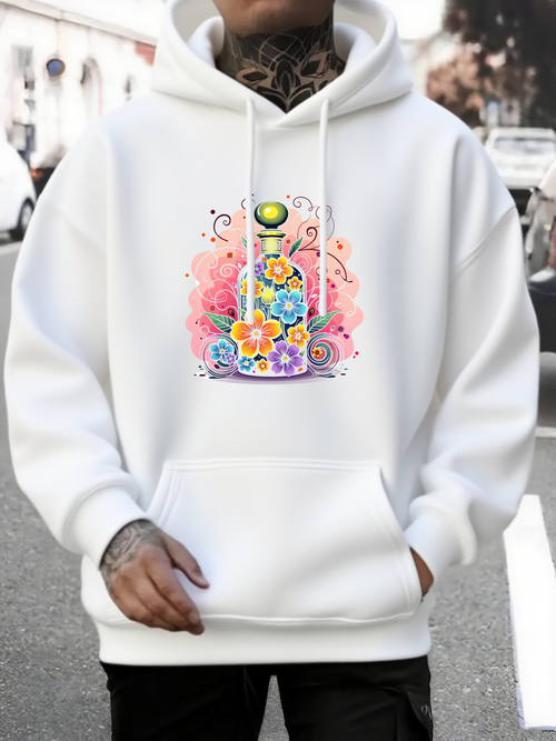 Men's Graphic Hoodie Colorful Floral Patterns With Artistic Glass Perfume Bottle