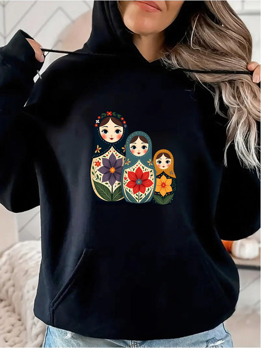 Women's Graphic Hoodie Floral Patterns With Three Traditional Russian Nesting Dolls