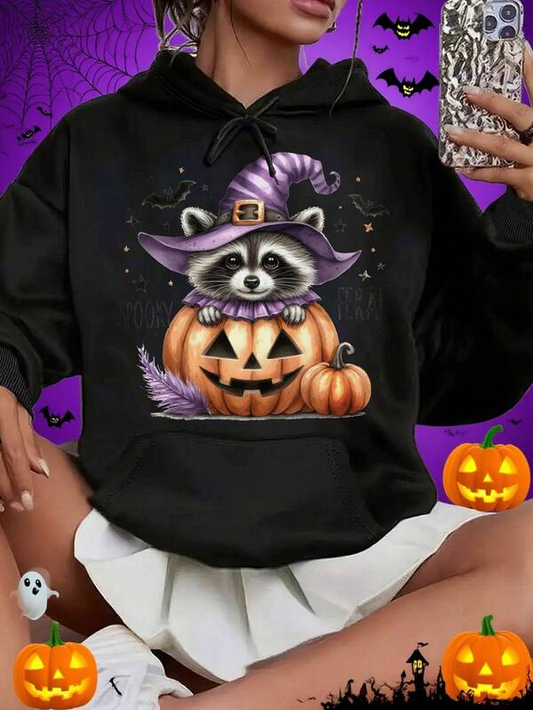 Women's Graphic Hoodie Little Witch Hat With Moonlit Pumpkins Sitting Beside Curious Raccoon