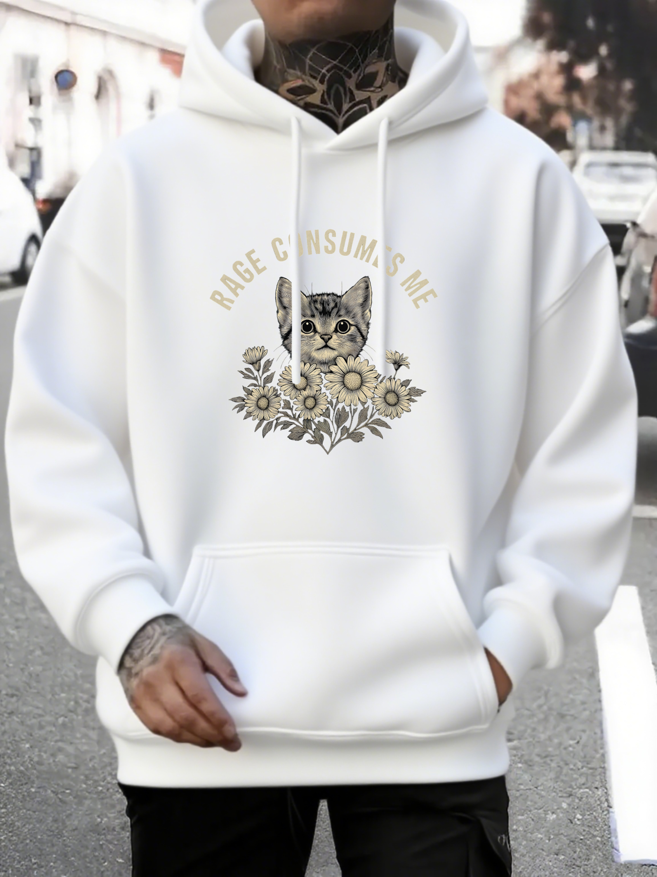 Men's Graphic Hoodie Peace Coming With Calm Gray Cat Among Soft Flowers