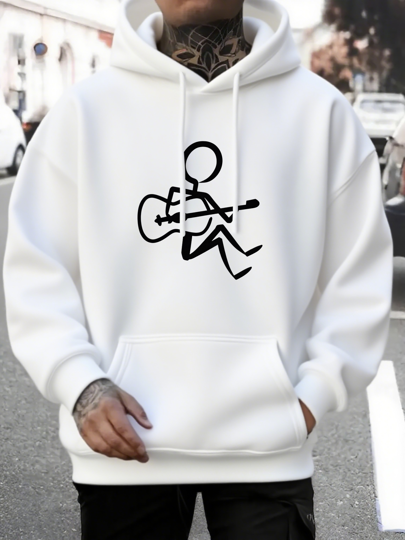 Men's Graphic Hoodie Minimalist Street Art Inspired Figure Playing Guitar