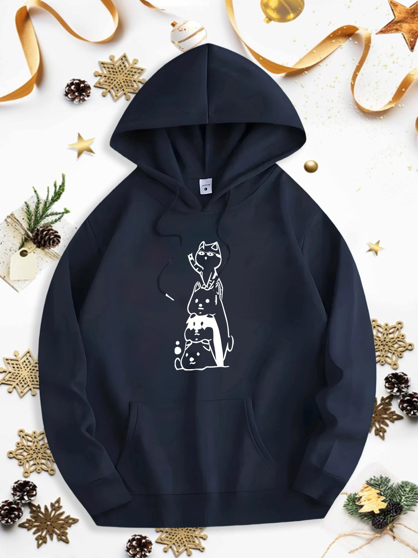 Men's Graphic Hoodie Minimalist White Line Drawing With Playful Cat Sitting On Hoodie