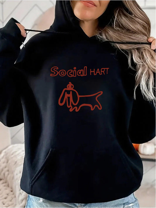 Women's Graphic Hoodie Social Hart Minimal Outline Of A Long Haired Playful Dachshund Dog