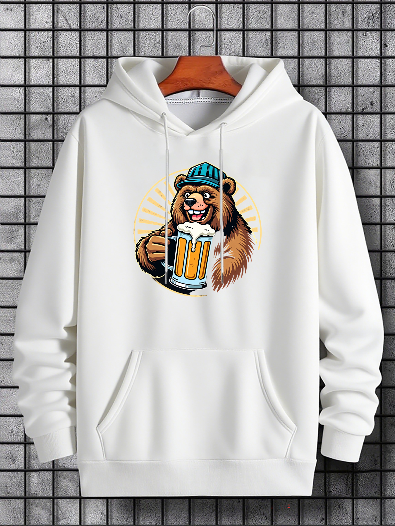 Men's Graphic Hoodie Smiling Bear With Blue Hat Holding Foaming Beer Mug