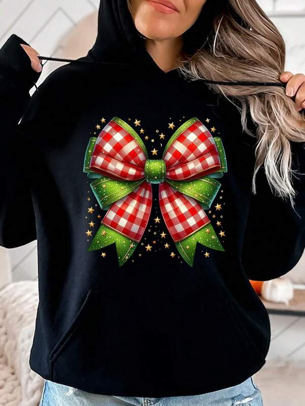 Women's Graphic Hoodie Red And Green Gingham Bow With Sparkling Dots Festive Ribbon