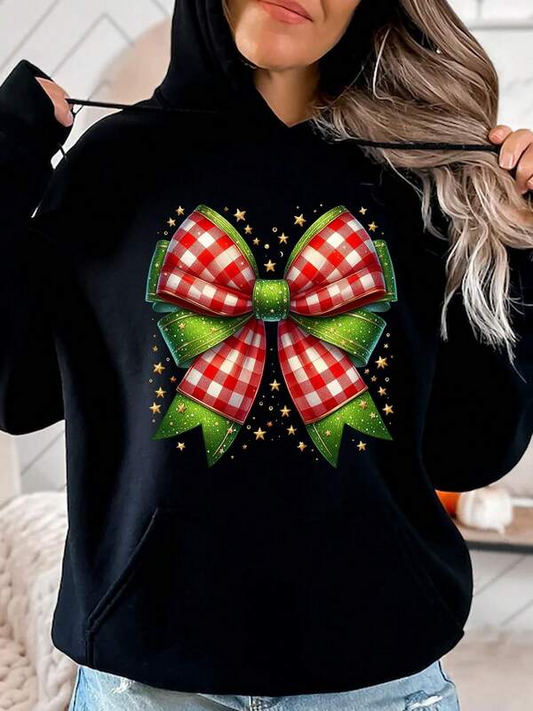 Women's Graphic Hoodie Red And Green Gingham Bow With Sparkling Dots Festive Ribbon