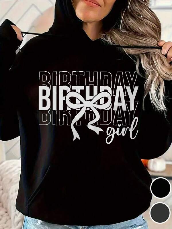 Women's Graphic Hoodie Birthday Girl With Bold White Ribbon Pattern Overlapping Letters