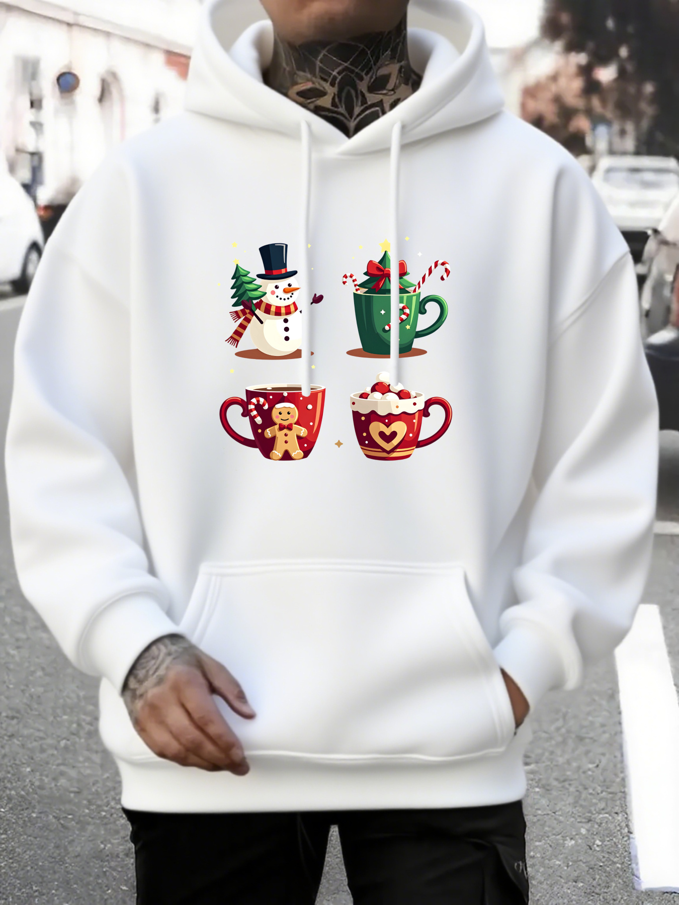 Men's Graphic Hoodie Festive Holiday Mugs With Candy Canes And Cheerful Snowman