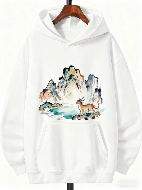 Men's Graphic Hoodie Peaceful Lake With Majestic Mountains And Serene Lone Deer