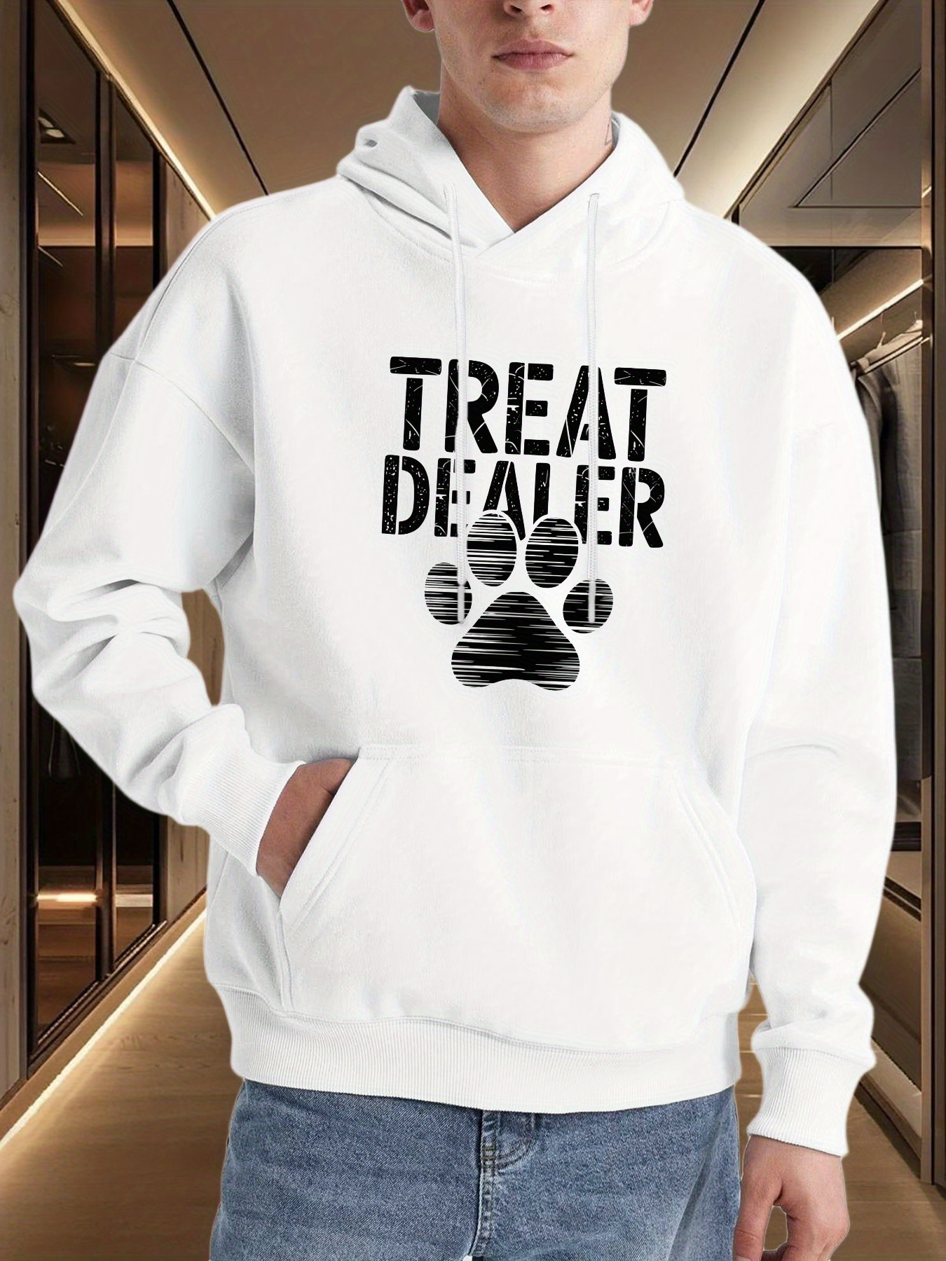 Men's Graphic Hoodie Treat Dealer Bold Stenciled Letters Above Shaded Paw Print Hoodie