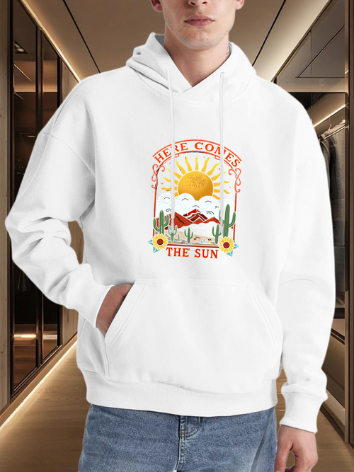 Men's Graphic Hoodie Here Comes The Sun Among Clouds With Cacti And Morning Blossoms Sun