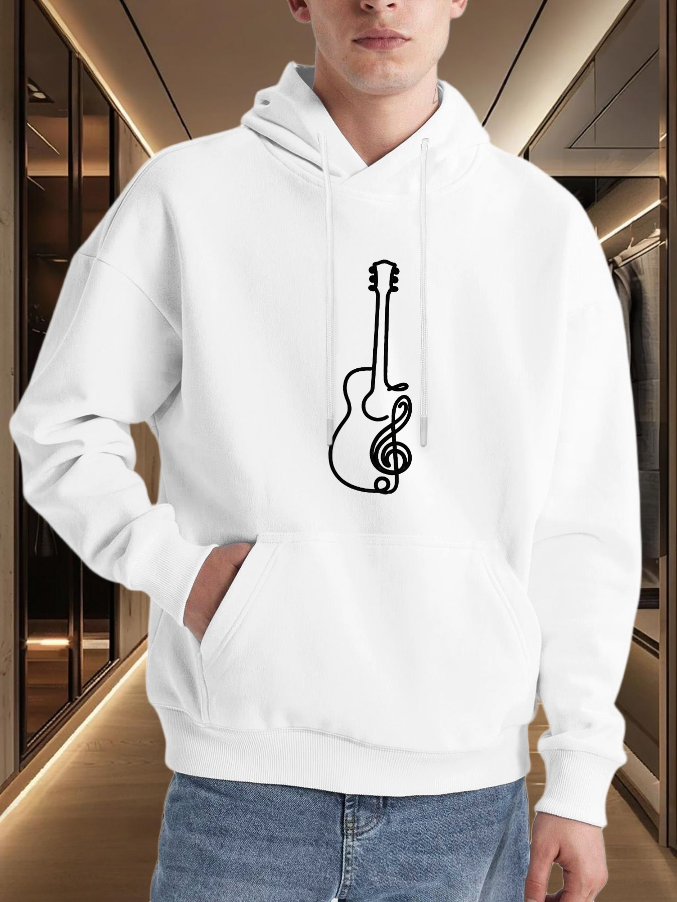 Men's Graphic Hoodie Treble Clef Merged With Minimalist Guitar Line Drawing