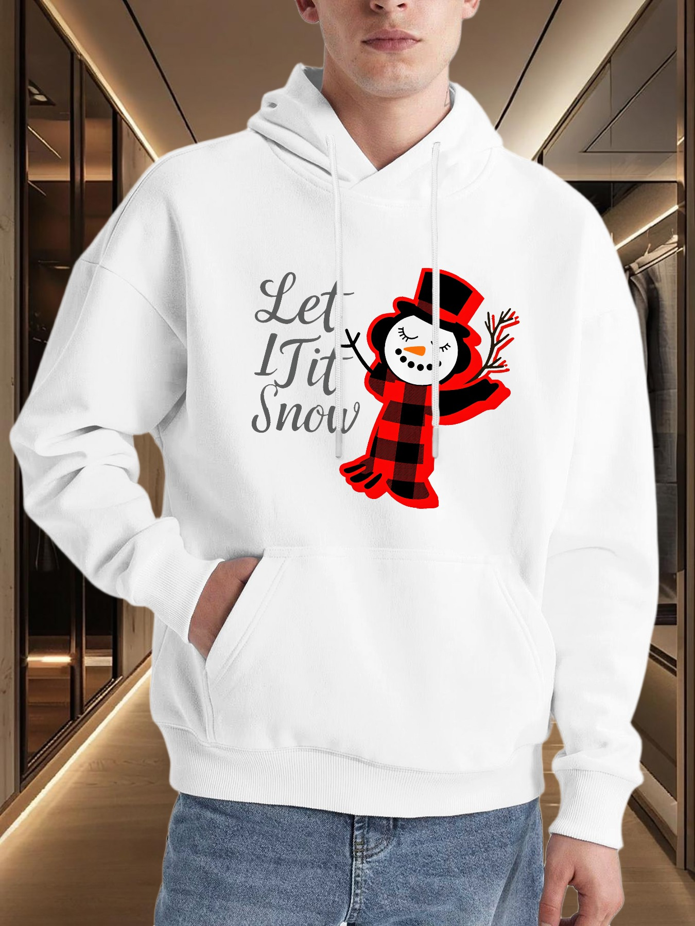Men's Graphic Hoodie Let It Snow Smiling Snowman Wearing Red Plaid Scarf And Top Hat