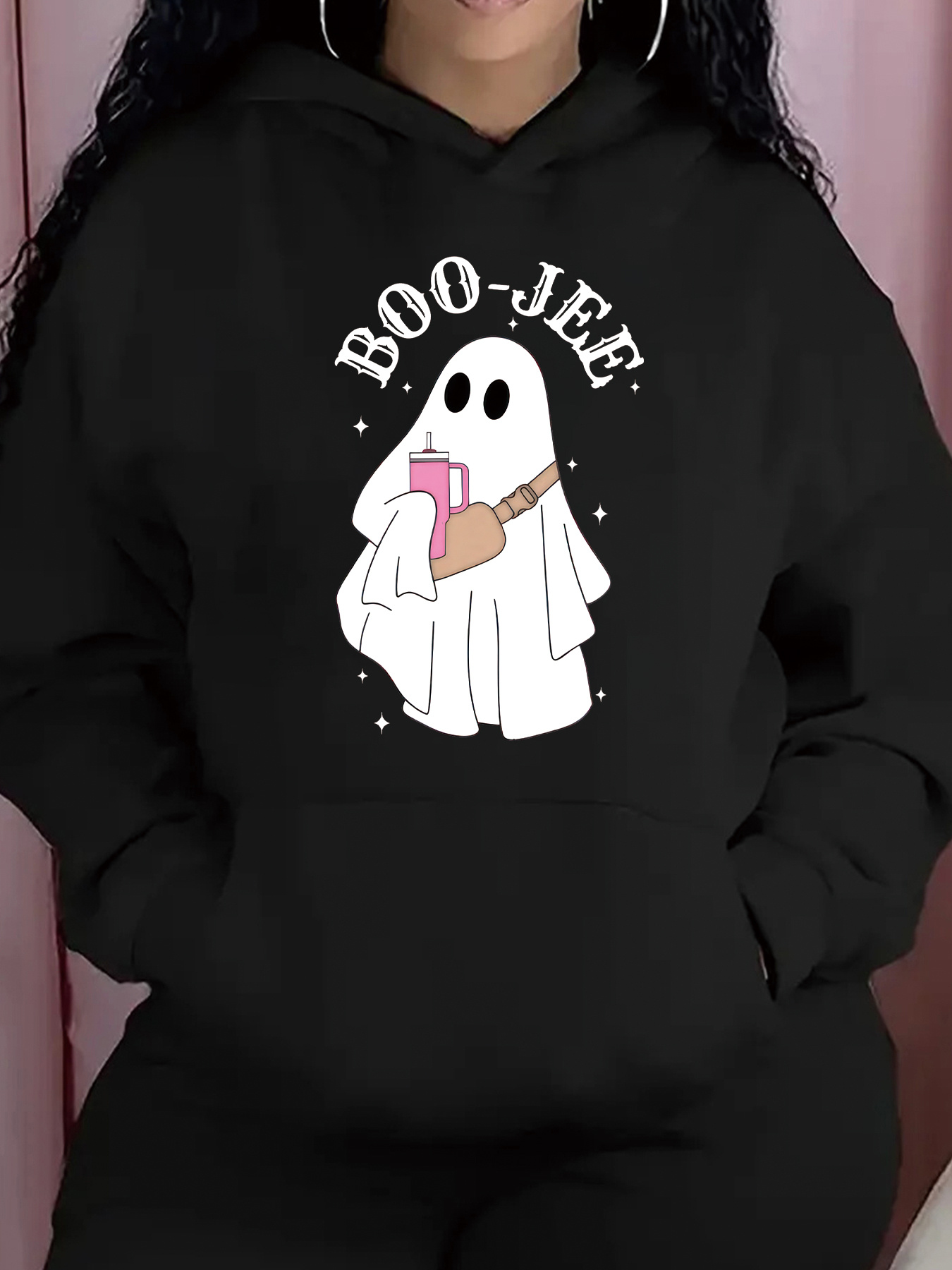 Women's Graphic Hoodie Boo Jee With Purse And Coffee Holding Ghost