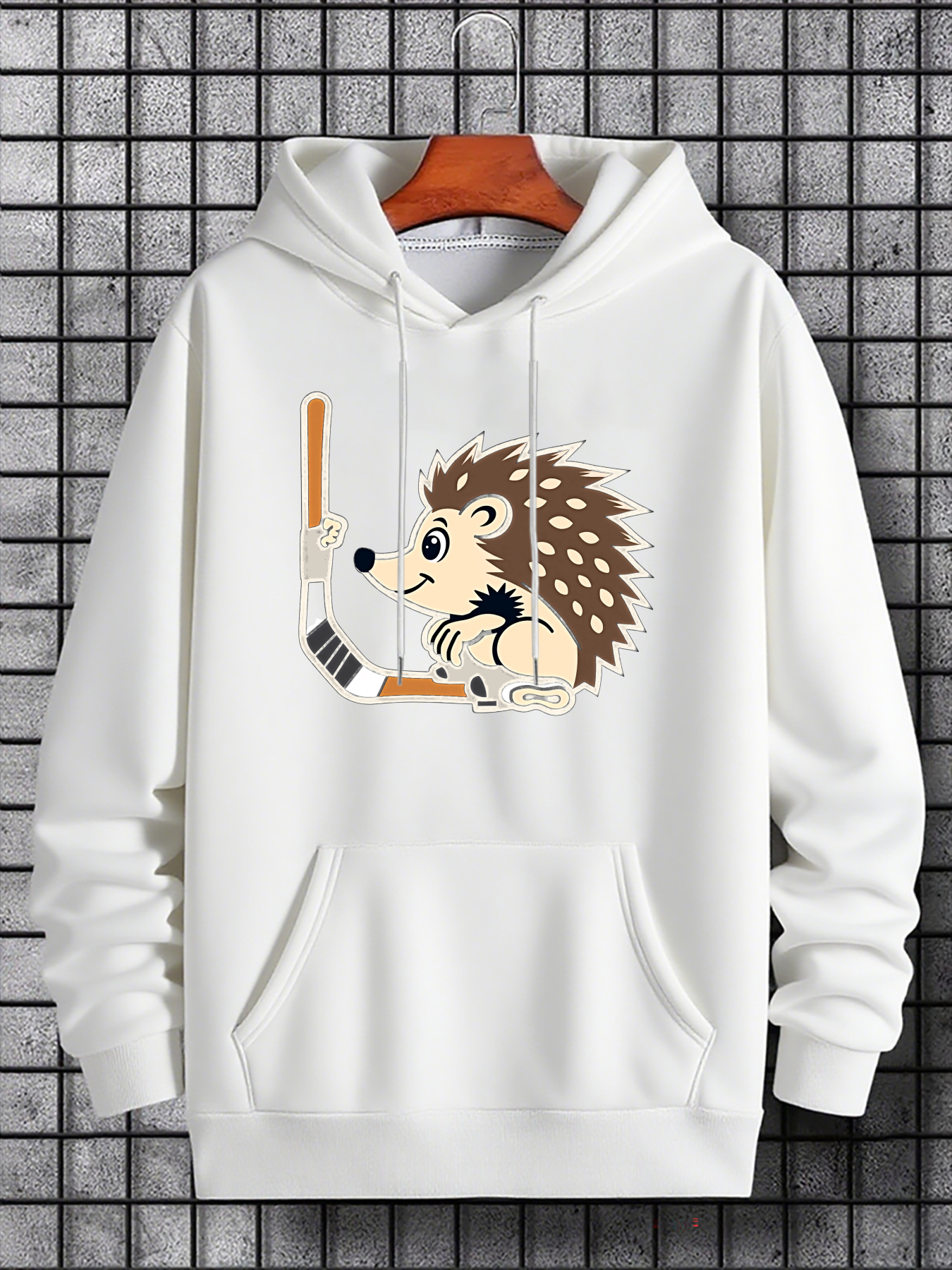 Men's Graphic Hoodie Playful Hedgehog With Hockey Stick On White Hoodie