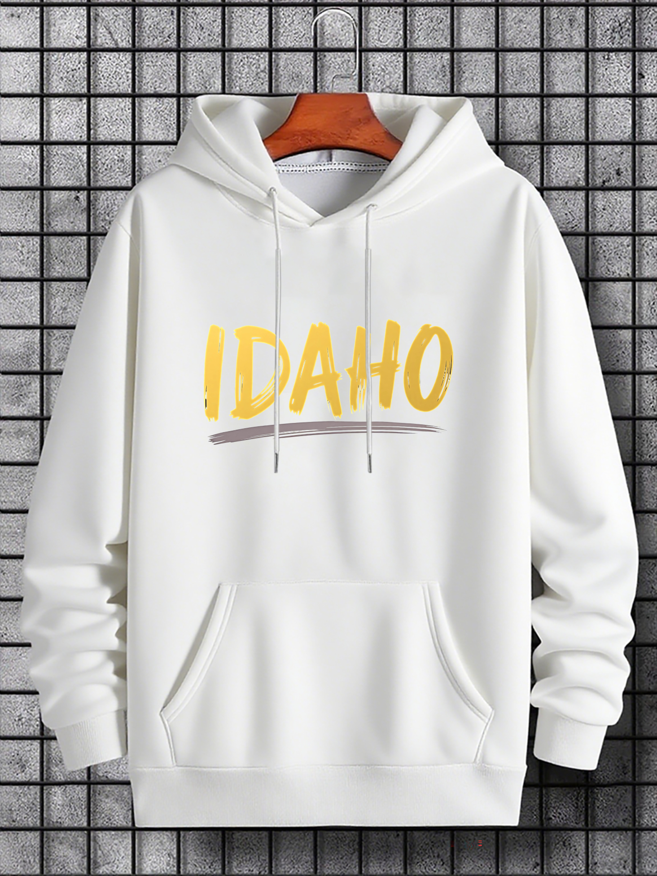 Men's Graphic Hoodie Yellow Hand Painted Lettering With Bold Brushstroke Idaho
