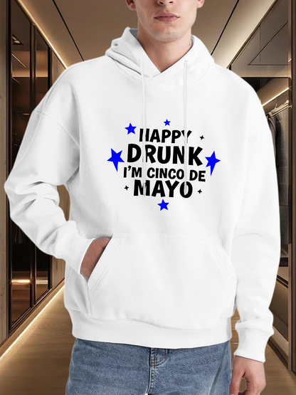 Men's Graphic Hoodie Happy Drunk Blue Stars Pattern With Festive Lettering Hoodie