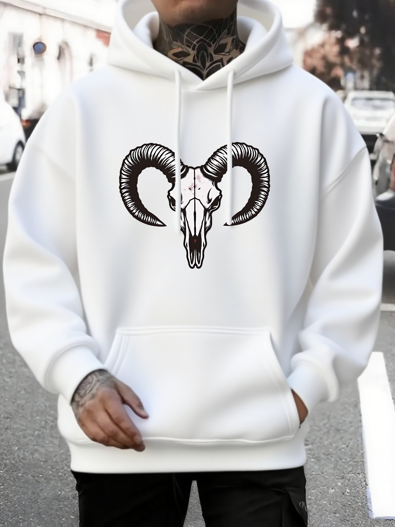 Men's Graphic Hoodie Urban Minimalist Art With Bold Black Horns On Ram Skull